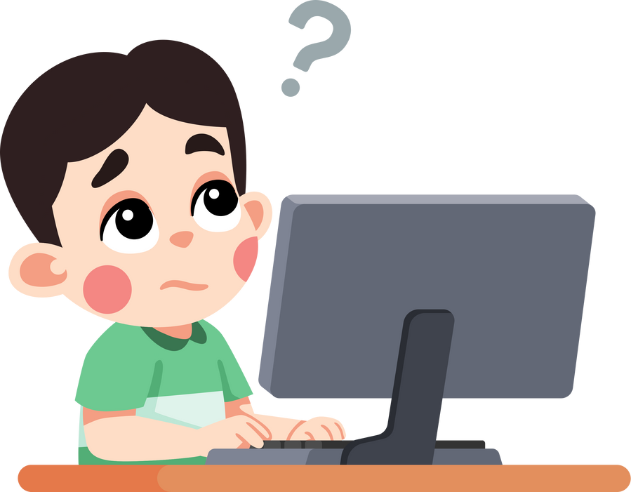 Kid Using Computer and Thinking